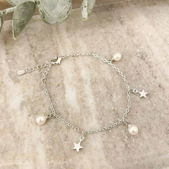 925 Sterling Silver Pearl & Star Charm Bracelet Dainty Bracelet Pearl Bracelet - Picture 2 of 5